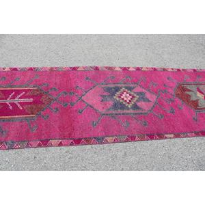 Vintage <b>Rug</b>, <b>Runner</b> 3.4x12.6 ft Turkish <b>Rug</b>, Pink Gray Floral Wool <b>Rug</b> - Product Image 3