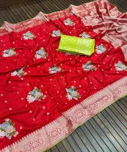 Saree de fête en soie pour femmes avec look de mariée fantaisie et superbe travail de broderie pour les mariages - Product Image 6