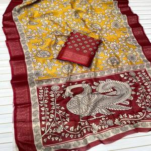 Sari de Seda Pura de Diseño Premium con Estampado Digital Kalamkari de Pavo Real, Tejido Jacquard con Hilo Zari, Hermoso Sari Amarillo - Product Image 2