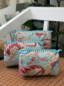 Set 3 Quilted Eco-Friendly Cotton for Toiletry <b>Bags</b> Large <b>Zipper</b> Water-Resistant Cases for Makeup <b>Storage</b> Pastel Florals Pattern - Product Image 2