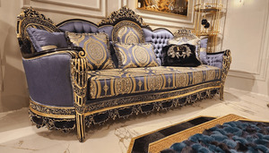 Juego de Sofás Chesterfield de 7 Plazas en Madera de Teca Sólida, Ecológica, Duradera y de Lujo, Color Azul Dorado Tallado, con Mesa de Centro para Sala de Estar o Villa - Product Image 2