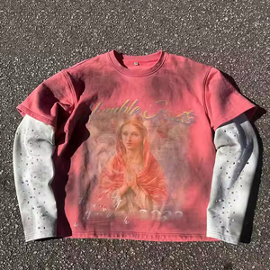 Vêtements d'extérieur Design unique Strass Hommes Impression numérique Lavé à l'acide T-shirts graphiques Double T-shirts - Product Image 1