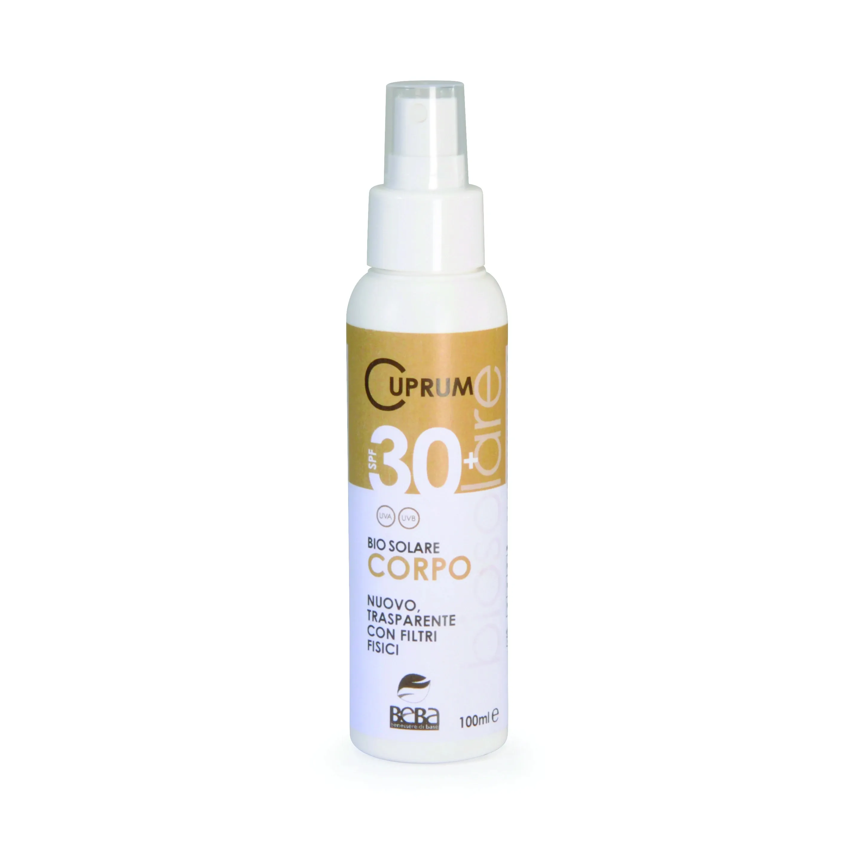 Eco Cuprum di alta qualità BIO corpo solare spray spf 30 plus con filtro fisico trasparente