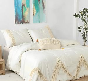 100% Cotton Duvet Cover <b>Set</b>, White Tassel <b>Bedding</b> <b>Set</b>, Boho Tassel Duvet Cover Farmhouse <b>Bedding</b> Home Hotel Tassel <b>Bedding</b> <b>Set</b> - Product Image 1