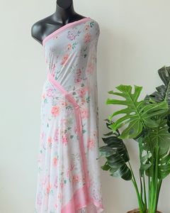 Sarees en soie douce Georgette pour femmes traditionnelles avec pièce de chemisier imprimé et matériel de robe en coton à grande bordure épaisse - Product Image 3