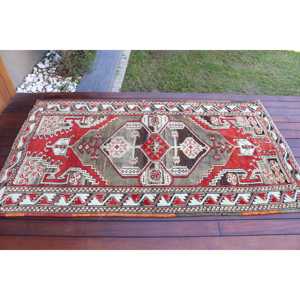 3.5x6.46 ft Rug, Vintage Turkish Accent Rug, <b>Red</b> <b>Wool</b> Rug - Product Image 3