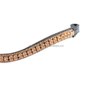 Banda de ceja de caballo de cuero de canal vacío de forma curva hecha a mano de alta calidad con cristales dorados decorativos cadena ostentosa de diamante - Product Image 2