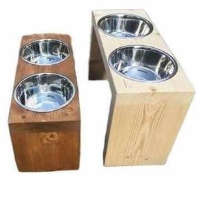 Elevated Double Steel <b>Bowl</b> Dog Feeder with Curved Wood <b>Stand</b> for Pet Dog & <b>Cat</b> - Product Image 5