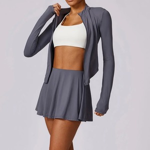 2 pièces vêtements de sport pour femmes costume de sport athlétique Sexy fermeture éclair manches longues entraînement vêtements de course respirant solide jupe courte Yog - Product Image 5
