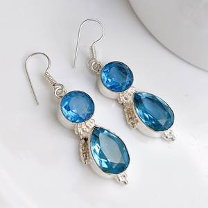 Boucles d'oreilles pendantes en topaze bleue suisse, plaquées argent, boucles d'oreilles à gouttes, boucles d'oreilles en cristal bleu aqua, bijoux bohèmes faits à la main, cadeau pour elle - Product Image 5