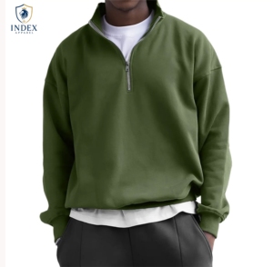 Sudadera de Forro Polar con Cierre de Cremallera de un Cuarto para Hombre, Color Verde Sólido, Corte Regular, Casual, Cuello Alto, Tejida, para Otoño - Product Image 1