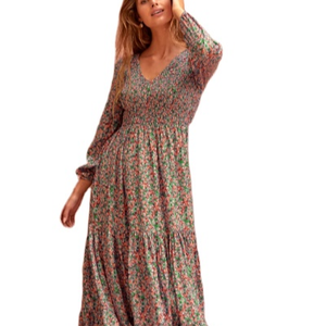 เดรสยาวคอวีพิมพ์ลายดิจิทัลสำหรับผู้หญิงสำหรับฤดูร้อนเดรสยาวแต่งระบายลำลอง - Product Image 1