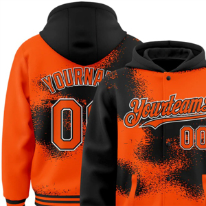 Personalizado naranja negro blanco abstracto bloques de color fragmento arte 3D patrón diseño bombardero completo Snap Varsity Letterman chaqueta con capucha - Product Image 4