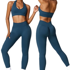 Ensembles d'entraînement côtelés à col en O pour femmes, vêtements d'entraînement de gymnastique sans couture, ensemble de yoga et soutien-gorge de sport, leggings et pantalons de yoga, ensemble de 2 pièces - Product Image 1