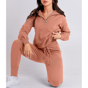 Conjunto informal de 2 piezas de algodón 100% para mujer, pantalón largo y cuello con cremallera, chándal de estilo informal para chándales de invierno - Product Image 5