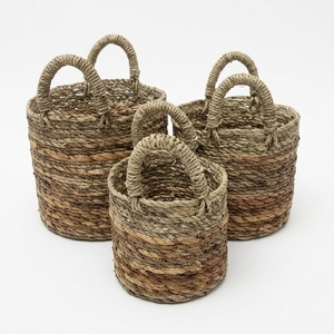 Natural Seagrass Banana Bark Basket Set Two Tone Cylinder Arch Handle <b>Planter</b> Pot Organizer Setup Pure Art Room Decor Design - Product Image 1