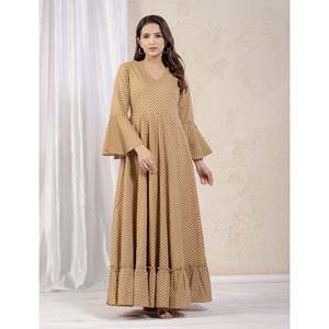 Beige Cotton Printed Long <b>Umbrella</b> <b>Dress</b> <b>Indian</b> & Pakistani Clothing - Product Image 3