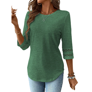 Womens Casual Long Sleeve <b>Top</b> Round Neck Loose Fit Shirt With Lace Sleeve Detail Elegant Everyday Fashion Clothing For Women - Product Image 1