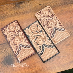 กระเป๋าเงินหนังถือเครื่องมือใหม่สำหรับผู้ชายคาวบอยตะวันตกดีไซน์ลายดอกไม้หนังแท้มีหลายบัตรและที่ใส่เงินสดกระเป๋าสตางค์แบบยาวสองพับ - Product Image 1