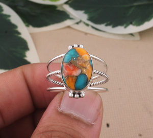 Anillo de declaración Vintage bohemio hecho a mano para mujer, Plata de Ley 925, ovalado, ostra espinosa, ajuste de bisel turquesa, incrustaciones de estilo clásico - Product Image 3