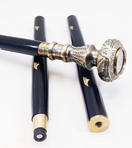 Bastón de madera negro ajustable de venta completa con perilla antigua de latón mango de brújula para senderismo Camping actividades al aire libre - Product Image 5