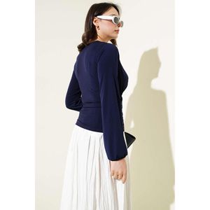 Sandy Blusa Azul Marino Cruz Plisada Floral Satén XS XL Casual Western Bow Botón de moda Largo para Primavera Verano Otoño - Product Image 1