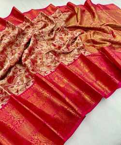 Precioso Sari de satén para bodas con diseño impreso y detalles de volantes para momentos inolvidables. - Product Image 3