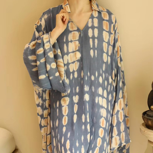 Oversized <b>Tie</b> Dye Blue & <b>White</b> Tunic Dress Sweet Style Summer with Anti-Wrinkle Washable & Breathable Loose Sleeves - Product Image 1