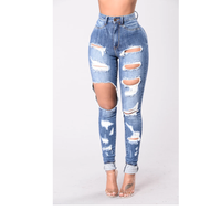 Celana Panjang Wanita Model Kasual Kancing Solid Ukuran Besar Warna Biru Denim Belah Model Skinny Pinggang Tinggi Bahan Bernapas Distressed