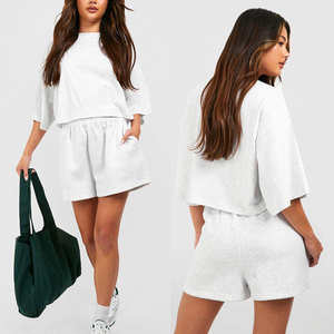 OEM Custom Logo Oversized <b>Ladies</b> Gym Fitness <b>Short</b> <b>Sets</b> Cotton Solid Boxy Crop Tshirt <b>and</b> <b>Shorts</b> 2 Piece <b>Sets</b> for Women - Product Image 4