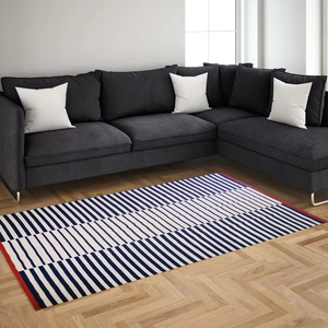 Tapis moderne tissé à la main blanc bleu à rayures Tapis moderne en laine Kilim pour salon - Product Image 1