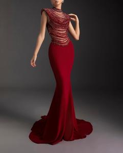 Vestido de Fiesta con Escote en A, Estilo Sirena, con Brillo de Diamantes, Tela Satinada, Corpiño Transparente con Ilusión, Capas de Tul en Cascada, Patrón de Pedrería - Product Image 1