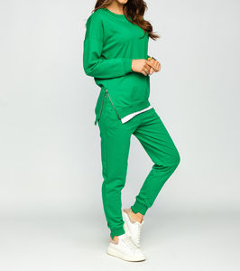 Conjunto deportivo de dos piezas para mujer, sudadera de cuello redondo de color liso, 100 % algodón, 380 g/m², y pantalones de corte ajustado, servicio OEM - Product Image 3