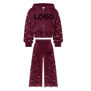 Custom High Quality Cotton Tracksuit Rhinestone Distressed <b>Men</b> <b>Crop</b> <b>Top</b> Zipper Hoodies Sweat Set Washed 2 Piece Set For <b>Men</b> - Product Image 5