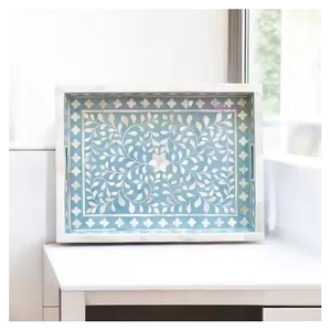 Bandeja con Diseño Marroquí con Incrustaciones de Hueso Rectangular Azul Hielo, Bandeja Decorativa con Incrustaciones de Hueso para Servir en Hoteles y Casas de Lujo - Product Image 5