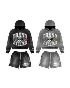 À la mode élégant personnalisé solide plaine sérigraphié conception lavé à l'acide deux pièces ensembles à capuche Shorts ensembles cordon zipup - Product Image 1