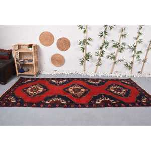 Vintage Turkish <b>Wool</b> Rug 4x9.7 ft <b>Red</b> Blue Patchwork Camouflage Design with Latex Backing - Product Image 2