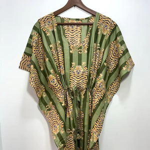 Robe d'été bohème Loungewear Maxi Dress Tiger Printed Organic Cotton Kaftan Nightwear Gown Beach Cover Sleepwear Casual Dresses - Product Image 1