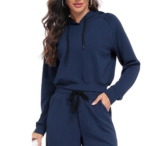Sudadera con Capucha Azul Marino para Mujer, Manga Larga, Tejido de Algodón, Informal, para Otoño, con Bolsillos - Product Image 1