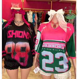 Femmes été nouveau épissage mode imprimé maille impression vêtements de sport pull à manches courtes haut maillot de football - Product Image 1