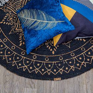 Tapis rond en jute tissé à la main avec motif mandala noir et naturel, tapis de sol bohème écologique pour salon, chambre à coucher, décoration intérieure - Product Image 4