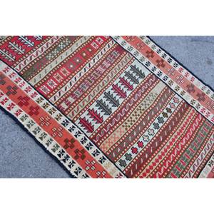 Alfombra de lana blanca y roja Kilim de área grande, 3,3x5,8 pies, tejido plano turco, respaldo de látex, patrón rectangular para pasillo, Alfombra de habitación modelo - Product Image 5