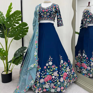 El diseñador indio más vendido tradicional Chinon seda Lehenga Choli con bordado para Bodas de fiesta de verano incluye Dupatta - Product Image 1