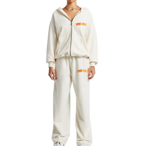 High Quality 100% Cotton Two Piece Casual Wear Set <b>Zip</b> <b>up</b> Oversize Hoodie and Straight Leg Pants Tracksuit For Women - Product Image 1