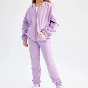 Conjunto de chándal deportivo infantil de manga larga de invierno de alta calidad para niñas, precio al por mayor, chándal con capucha y cremallera completa lisa - Product Image 5