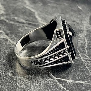 925K Sterling Silver Fine <b>Ring</b> Square Black <b>Garnet</b> Gemstone Embroidered Knitted Pattern Minimalist Style Handmade Gift - Product Image 5