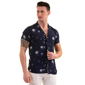 네이비 블루 화이트 선원 하와이 캠프 칼라 통기성 천연 비스코스 인쇄 여름 방학 남성 셔츠