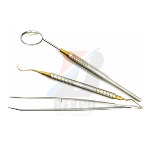 Kit d'examen dentaire de base 3 pièces doré : Miroir, Pince à épiler et Porte-coton - Product Image 1