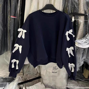 Sudadera informal con lazo azul oscuro, sudadera holgada, ropa informal, tejido ligeramente elástico, adecuada para la primavera - Product Image 5