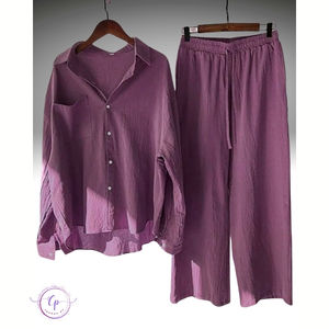 Ensemble coordonné 2 pièces en mélange de coton pour femme 2025 - Chemise ample et pantalon large - Product Image 2